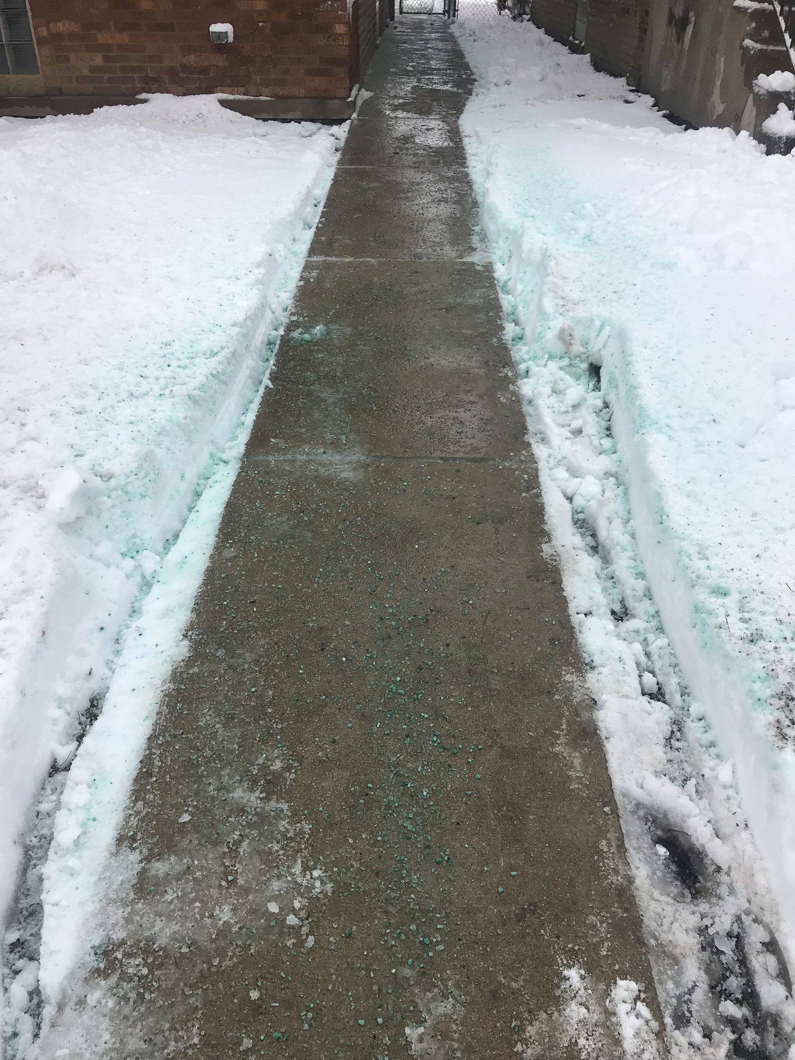 A narrow Chicago gangway between two brick buildings, cleared of snow by Snow Pushers with visible ice melt on the concrete